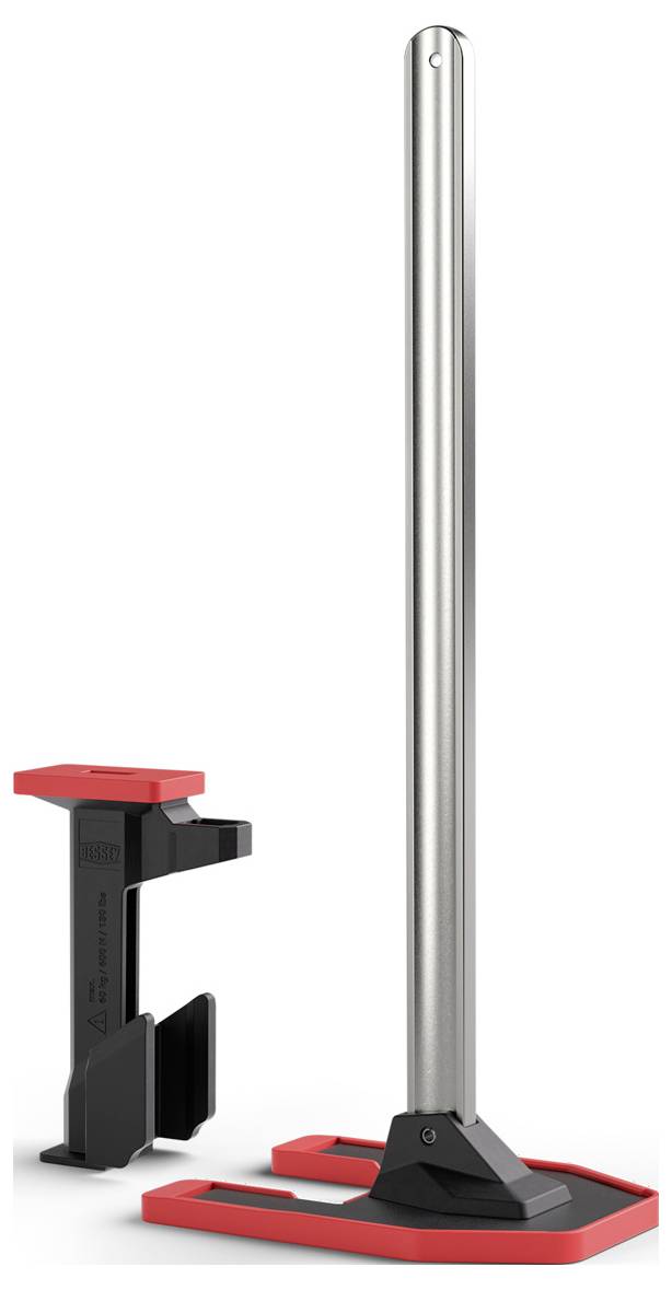 T-Loc-Spindel sichtbar an einem Werkzeug mit hoher Metallstange und Sockel, neben einer kleineren, abnehmbaren Komponente mit roten und schwarzen Merkmalen.