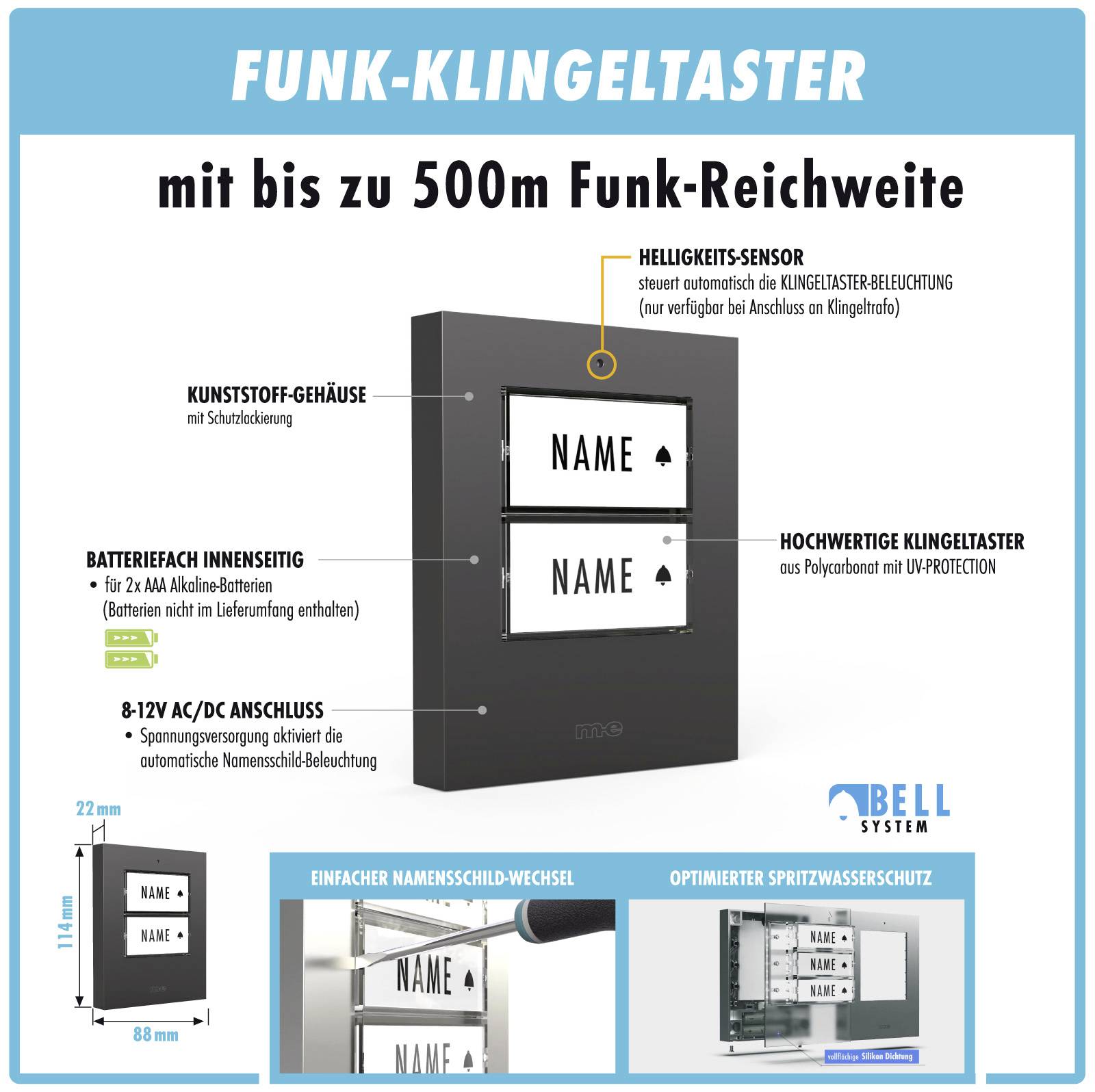 'Funk-Klingeltaster' mit 500m Reichweite, Kunststoffgehäuse, batteriebetrieben. Einfacher Namenswechsel, spritzwassergeschützt.