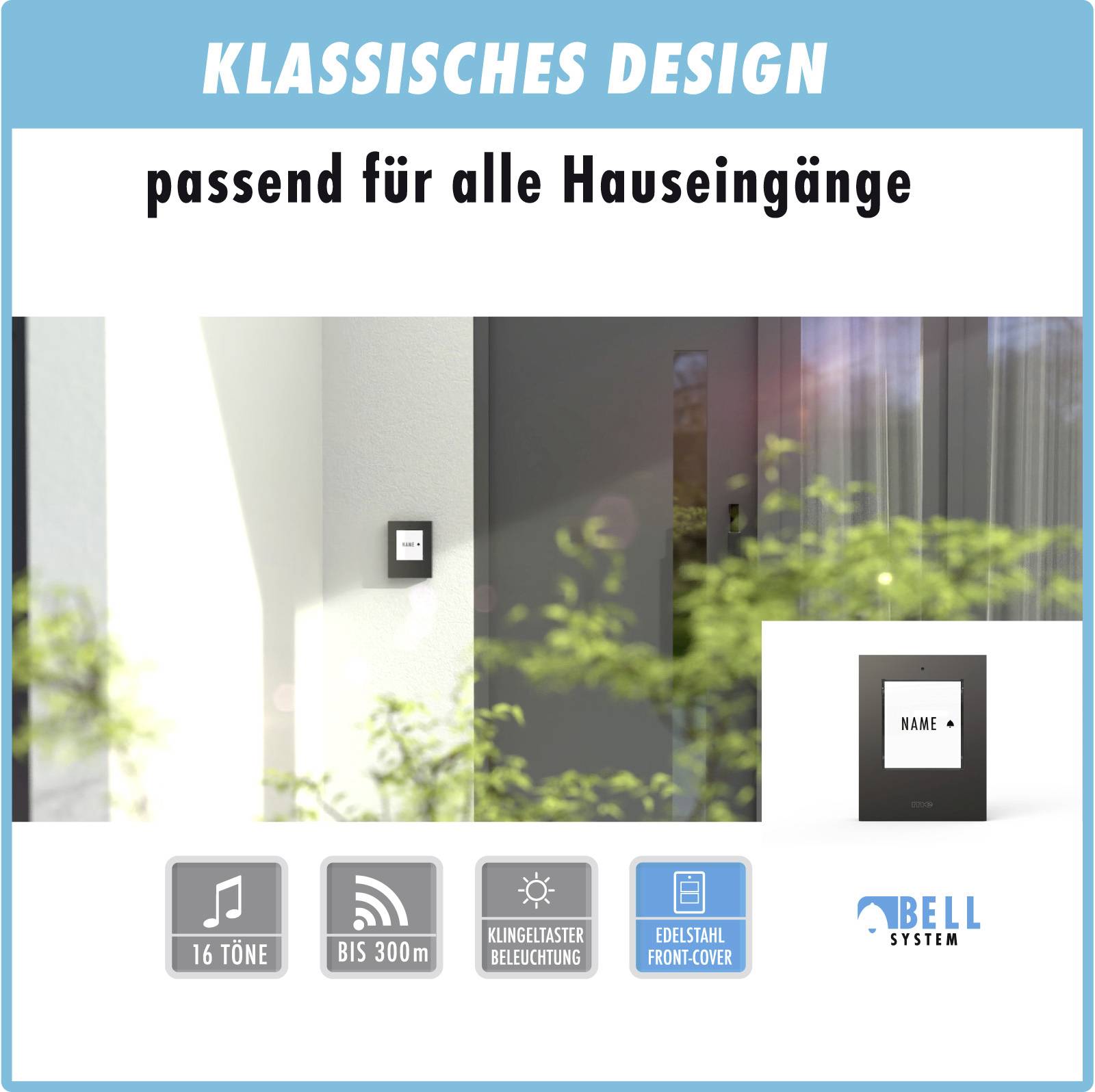 Klingelsystem mit Edelstahl-Frontabdeckung, geeignet für alle Hauseingänge, mit 16 Tönen, beleuchtetem Klingelknopf und bis zu 300 m Reichweite.