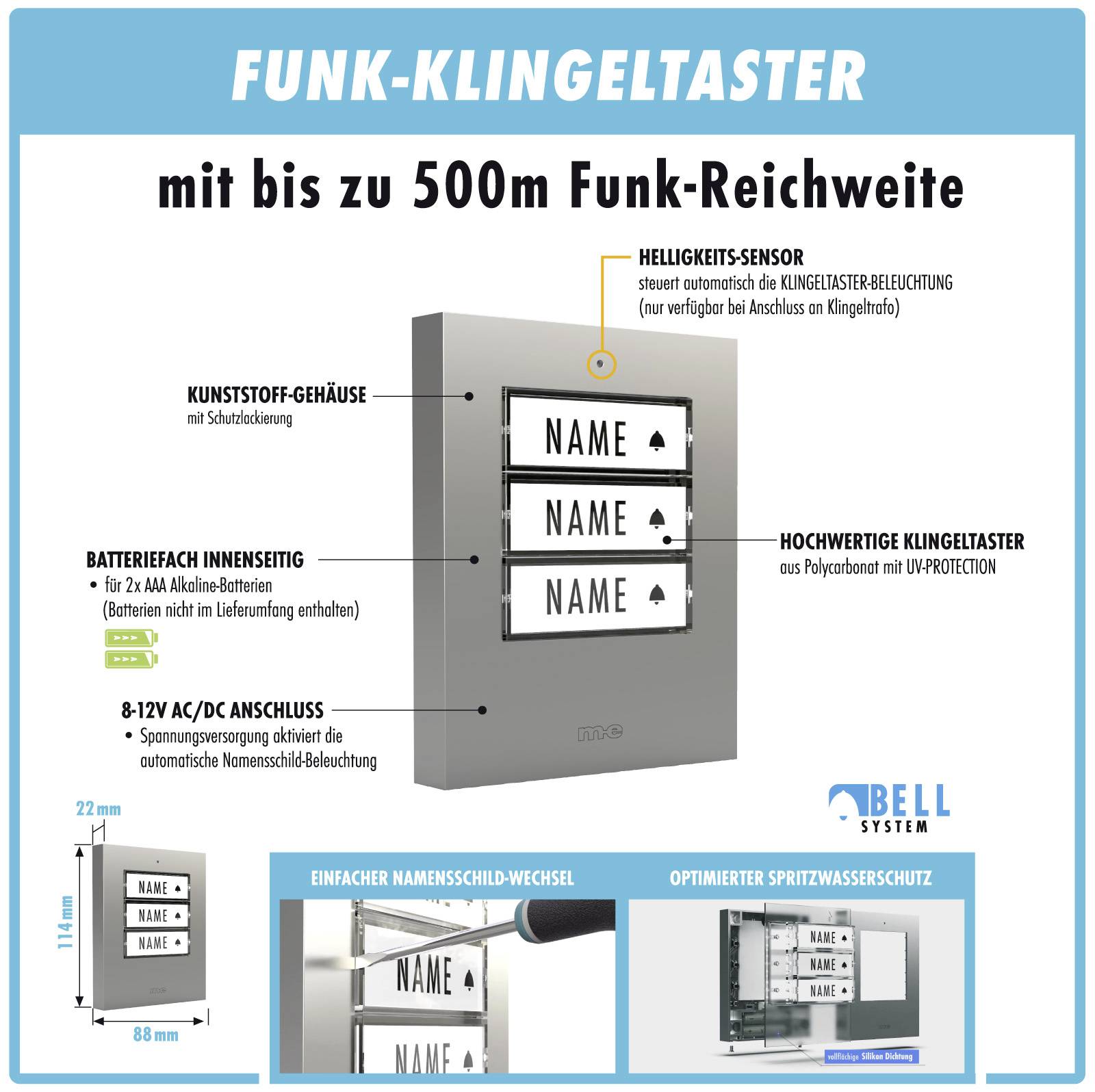 'FUNK-KLINGELTASTER' mit bis zu 500m Reichweite. Kunststoff-Gehäuse, Batterie- oder Netzbetrieb. Highlight: Namensschild-Wechsel.