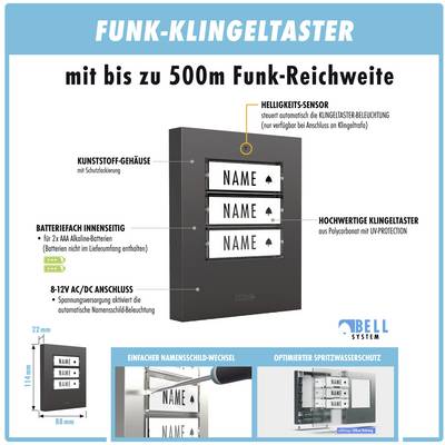 'Funk-Klingeltaster mit bis zu 500m Funk-Reichweite', Kunststoff-Gehäuse, Batteriefach, AC-Anschluss, leicht wechselbare Namen, Spritzwasserschutz, Hellikeitssensor, Klingel.