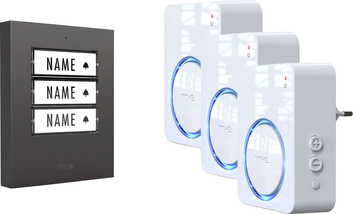 m-e modern-electronics 100169 Funkklingel Komplett-Set beleuchtet, klangaktiv, mit Bewegungsmelder, mit Namensschild