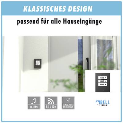Klingelsystem mit klassischem Design, geeignet für Hauseingänge. Bietet 16 Klingeltöne, Reichweite bis 500 m, beleuchtete Tasten.