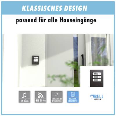 'Klassisches Design' Gegensprechanlage für Hauseingänge. Zeigt ein Klingeltableau mit drei Namensfeldern und 16 Tönen. Reichweite bis 300m. Beleuchtete Klingeltaster. Edelstahl Frontabdeckung.