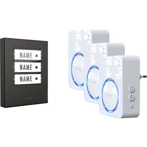 m-e modern-electronics 100172 Funkklingel Komplett-Set beleuchtet, klangaktiv, mit Bewegungsmelder, mit Namensschild