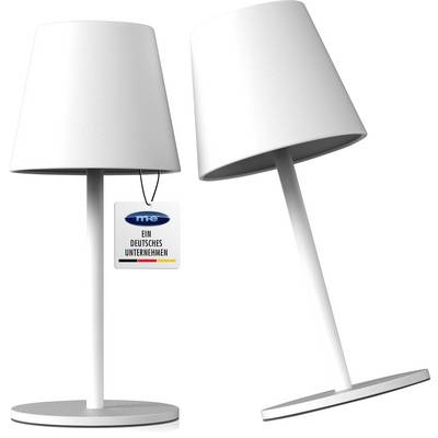 Zwei weiße moderne Tischlampen mit runden Basen, eine aufrecht und eine geneigt, mit einem Schild, auf dem "Ein deutsches Unternehmen" steht.