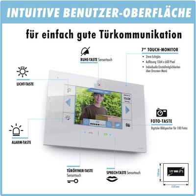 Hochformatiges Bildschirmgerät mit Touchscreen und Bedientasten: Licht, Ruhe, Alarm, Türöffner und Sprechfunktion. Fotokapazität: 100 Fotos.