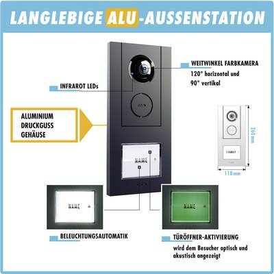 'Langhaltbare Alu-Außenstation mit Weitwinkel-Farbkamera, Infrarot-LEDs, Beleuchtungsautomatik und Türöffner-Aktivierung im Aluminium-Druckgussgehäuse.'
