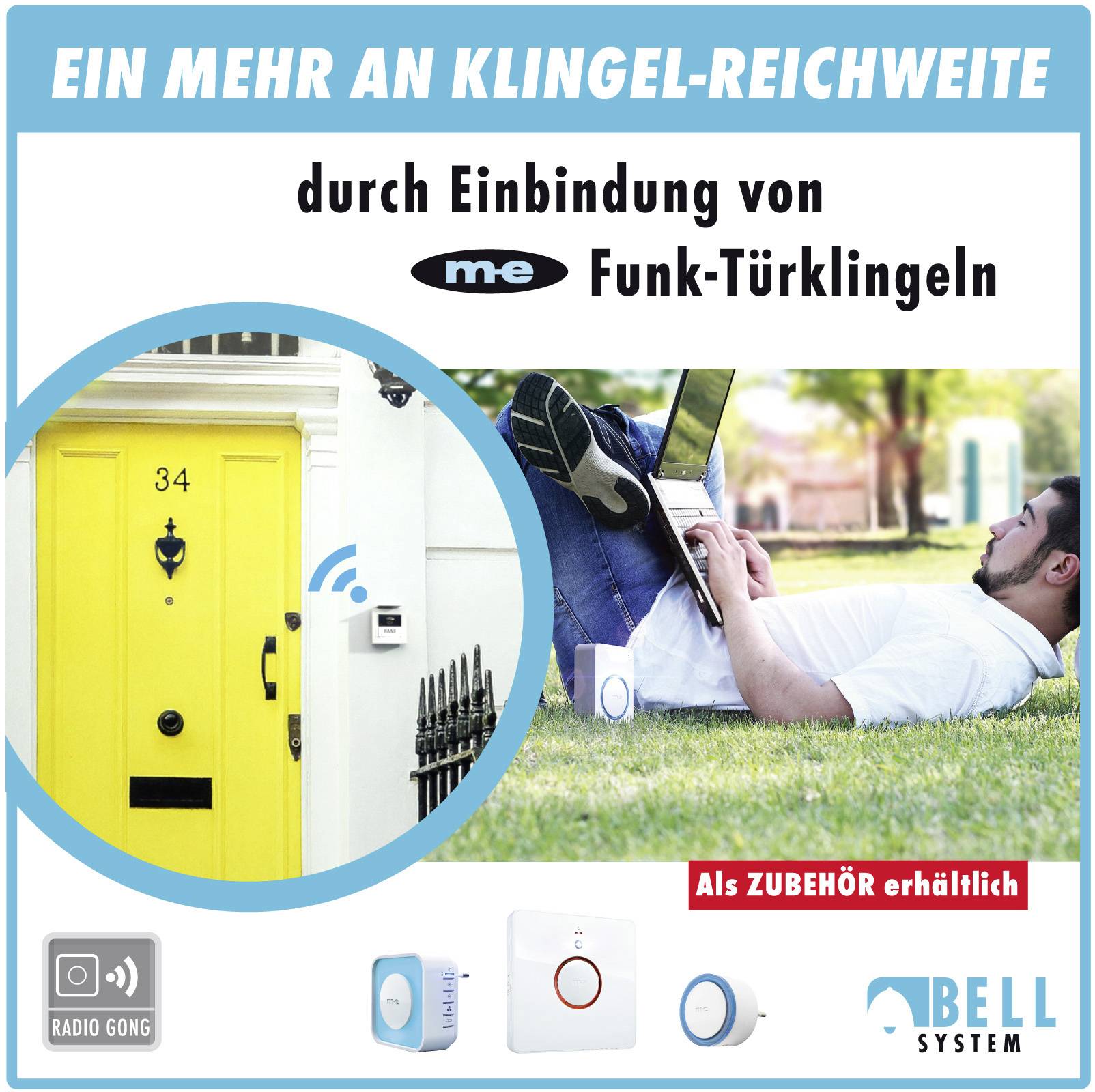 Ein Mann entspannt im Garten, nutzt Laptop. Gelbe Tür mit Funk-Klingel-Installation. Text: 'Ein mehr an Klingel-Reichweite'.