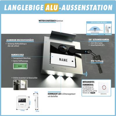 'Langlebige Alu-Außenstation' mit Kamera, Namensschild, RFID-Türöffnung, Bluetooth-Funkanbindung und LED-Beleuchtung beschrieben.