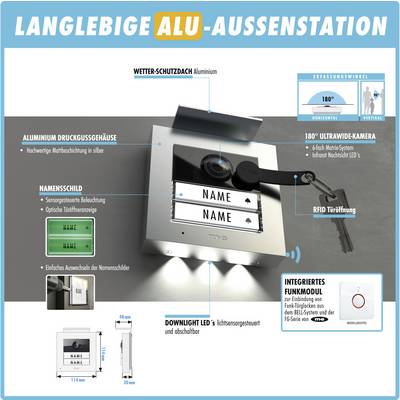 'Werbung für langlebige Alu-Außenstation: Aluminiumgehäuse, 180°-Kamera, RFID-Zugriff, LED-Beleuchtung. Wetterfest und modern.'