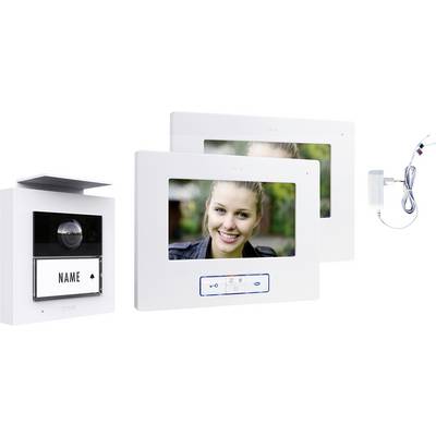 Videosprechanlage mit einer Kameraeinheit und zwei weißen Displaymonitoren, die eine lächelnde Person zeigen; inklusive Adapter.