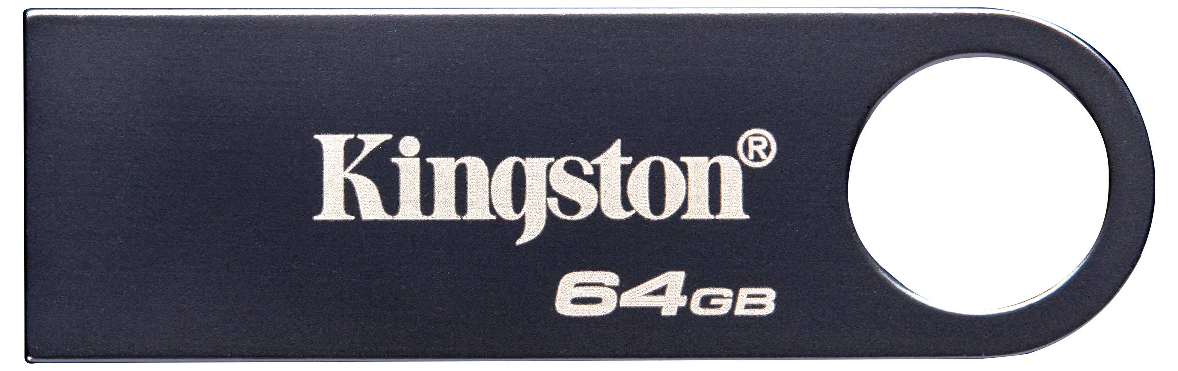 Ein silberner Kingston 64GB USB-Stick mit einem einzigartigen, kreisförmigen Griffdesign wird gezeigt.