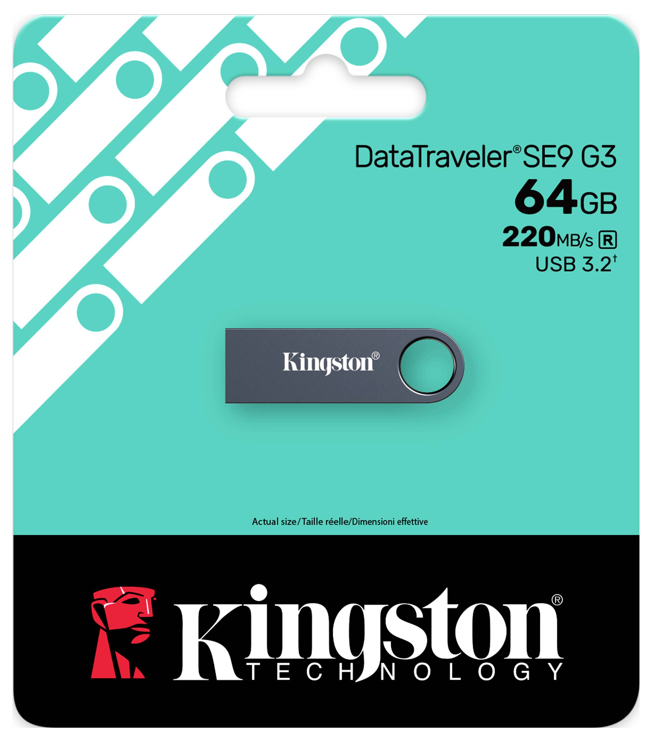 'Kingston DataTraveler SE9 G3 USB-Stick, 64 GB Kapazität, 220 MB/s Geschwindigkeit, USB-3.2-Technologie, in Originalverpackung gezeigt.'