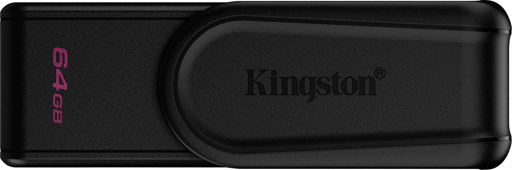 Ein schwarzer Kingston USB-Stick mit der Aufschrift '64GB' in rosa Text, der seine Speicherkapazität anzeigt.