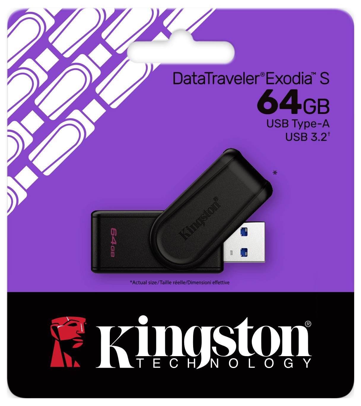 Kingston DataTraveler Exodia S, 64 GB, USB Typ-A, USB 3.2" USB-Stick in Verpackung. Schwarzer Stick mit lila-weißer Karte und Logo.