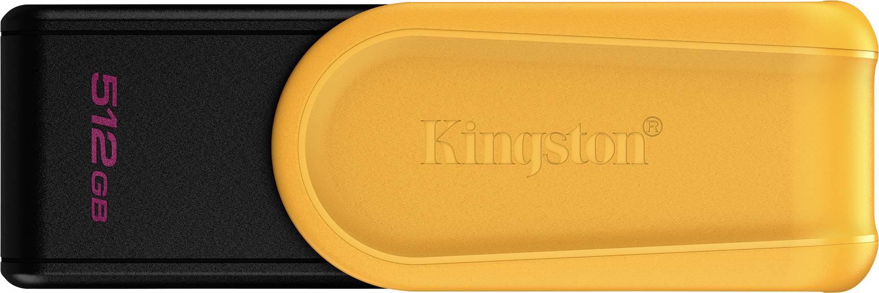 Ein schwarzer und orangefarbener Kingston USB-Stick mit der Aufschrift '512GB' in rosa Text auf der Seite.