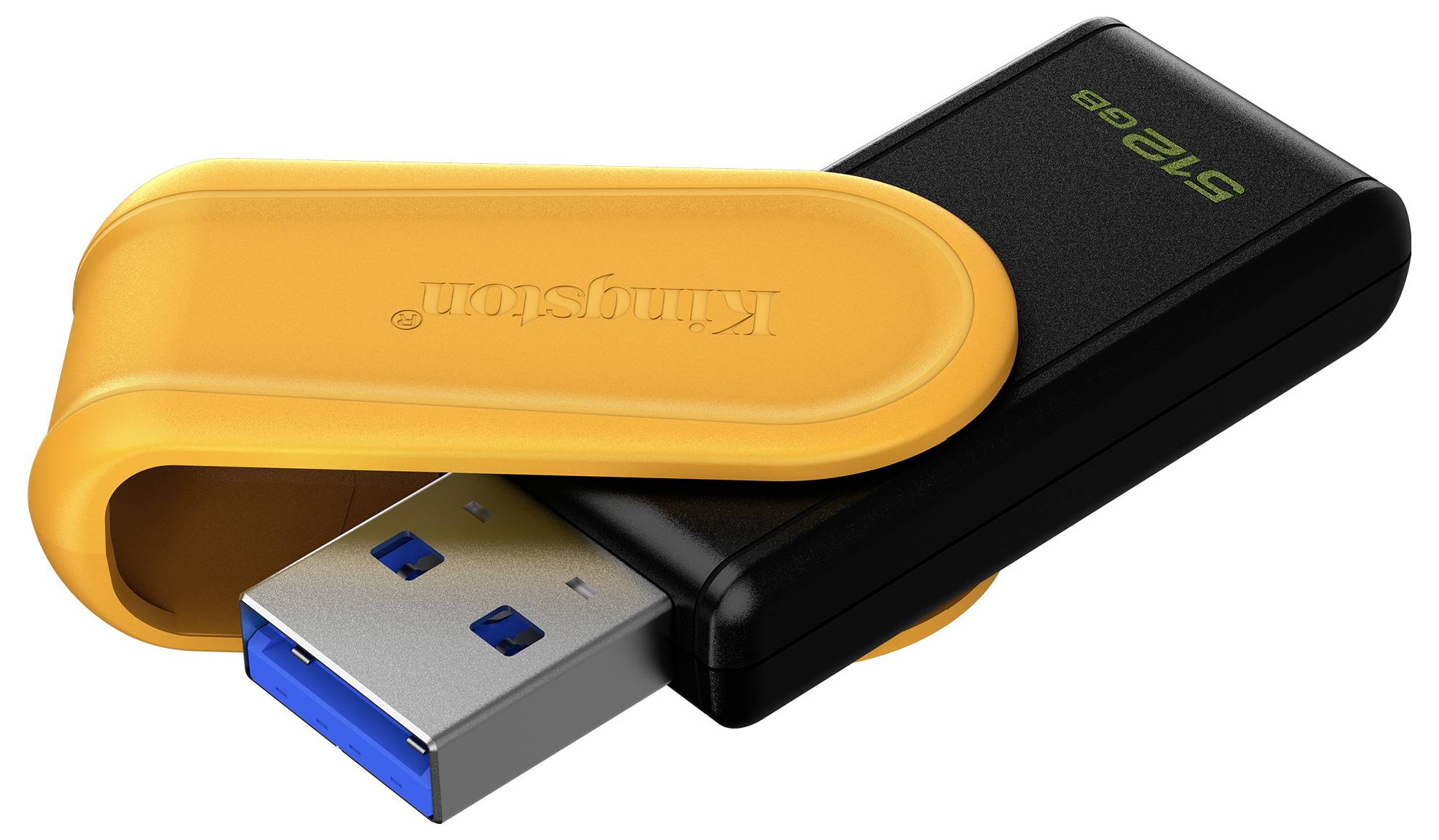 Ein USB-Stick mit einer orangefarbenen Schutzabdeckung, teilweise geöffnet, um den blauen USB-Anschluss zu zeigen. Der Markenname 'Kingston' ist sichtbar.