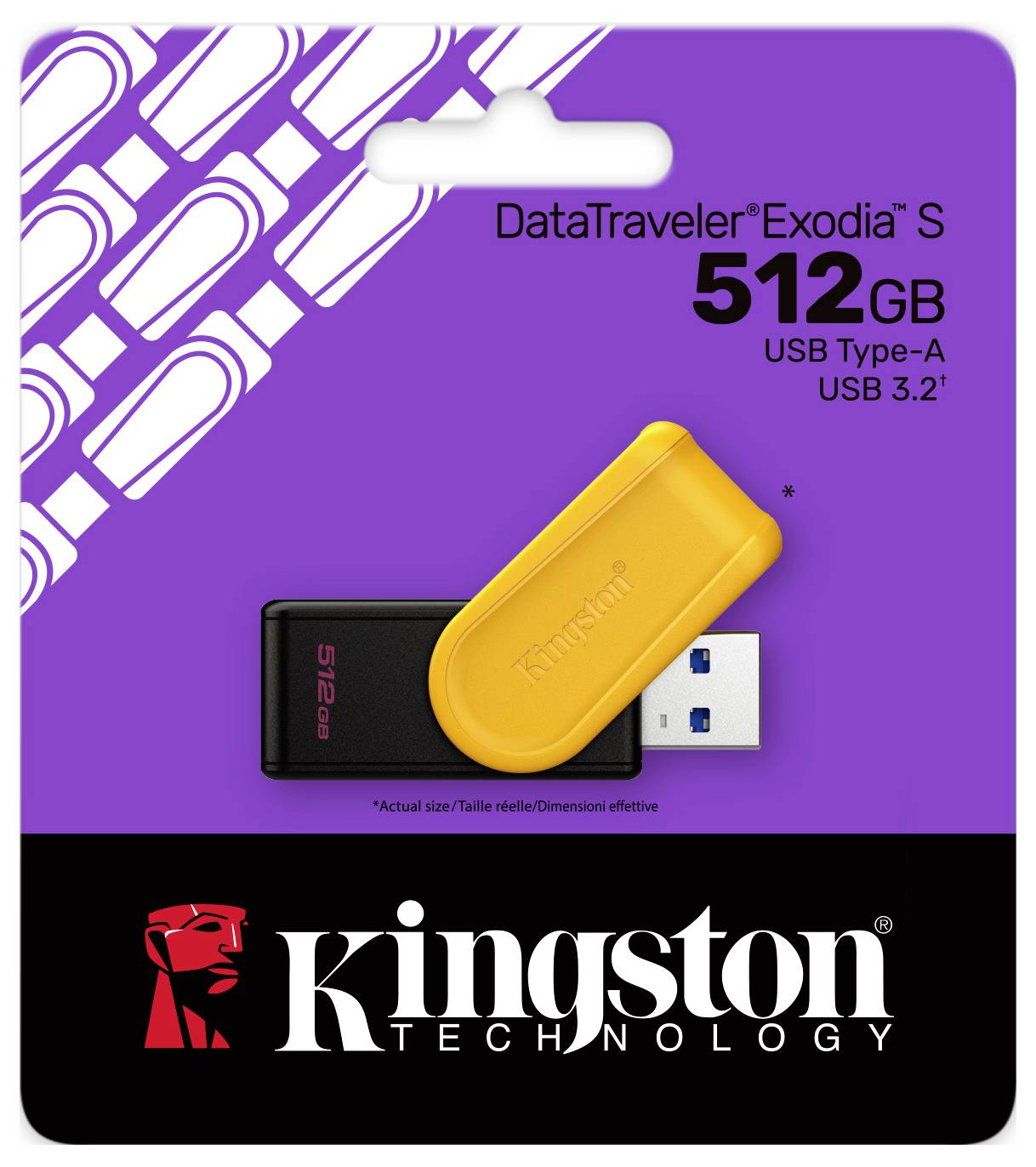 Ein Kingston DataTraveler Exodia S Paket, das einen 512-GB-USB-3.2-Stick mit einer gelben Kappe und einem schwarzen Gehäuse zeigt.