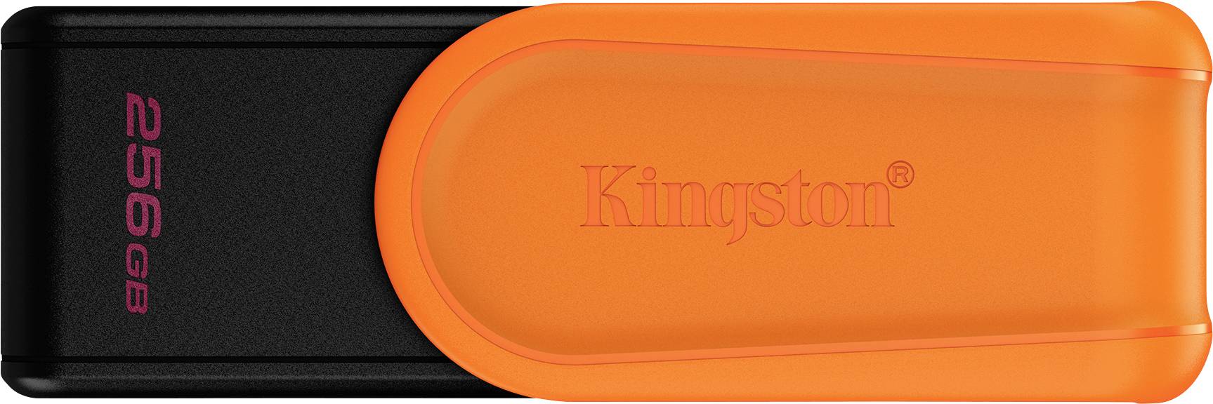 Ein schwarzer und orangefarbener Kingston USB-Stick mit der Aufschrift "256 GB" auf dem schwarzen Abschnitt.