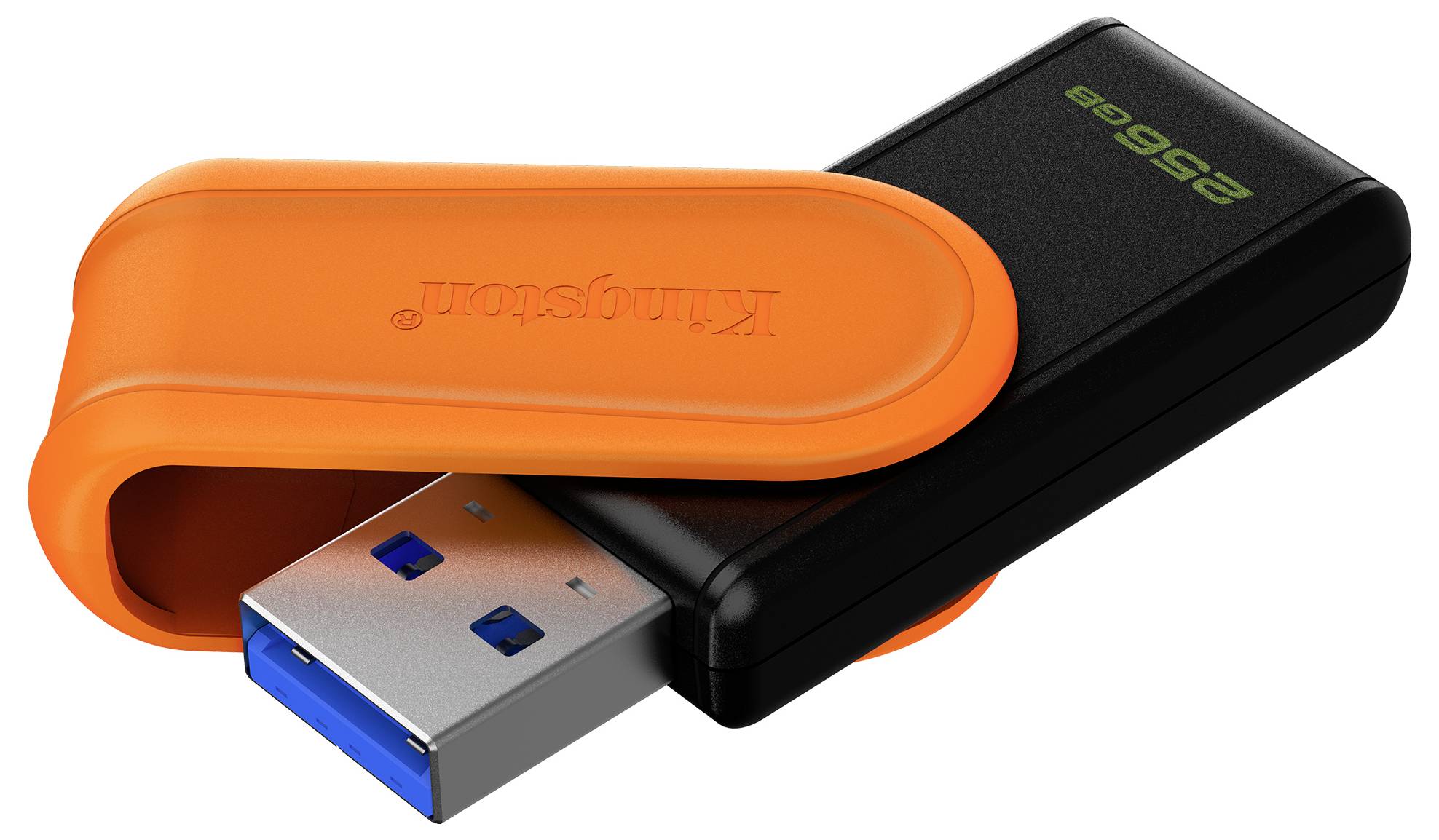 Ein schwarzer USB-Stick mit einer teilweise abgenommenen orangefarbenen Schutzkappe, die den USB-Anschluss freilegt. Der Stick ist mit '256GB' beschriftet.