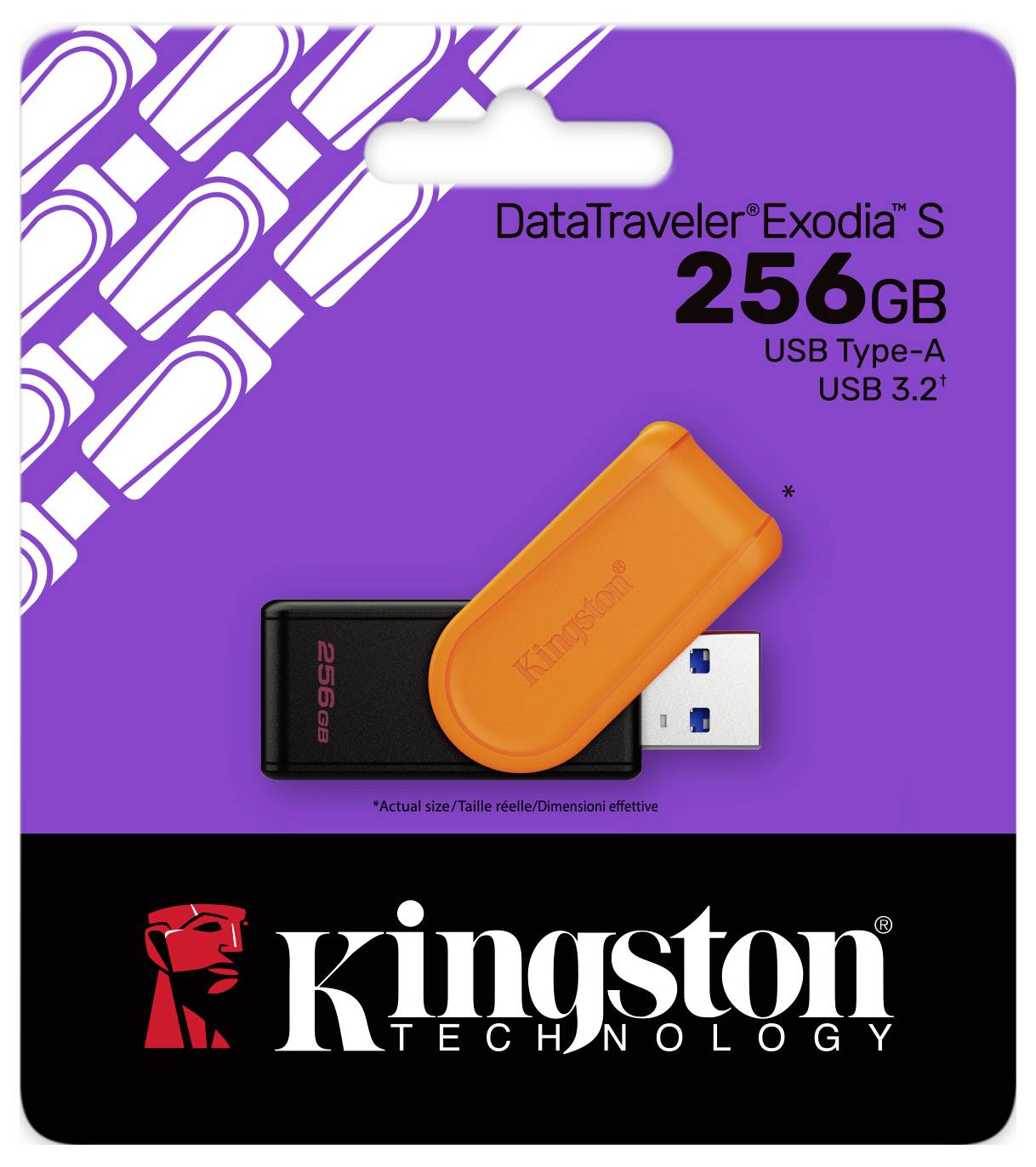 Verpackung von 'Kingston Technology' für einen 'DataTraveler Exodia S' USB-Stick mit einer Kapazität von '256 GB', ausgestattet mit einem auffälligen orangefarbenen Deckel.