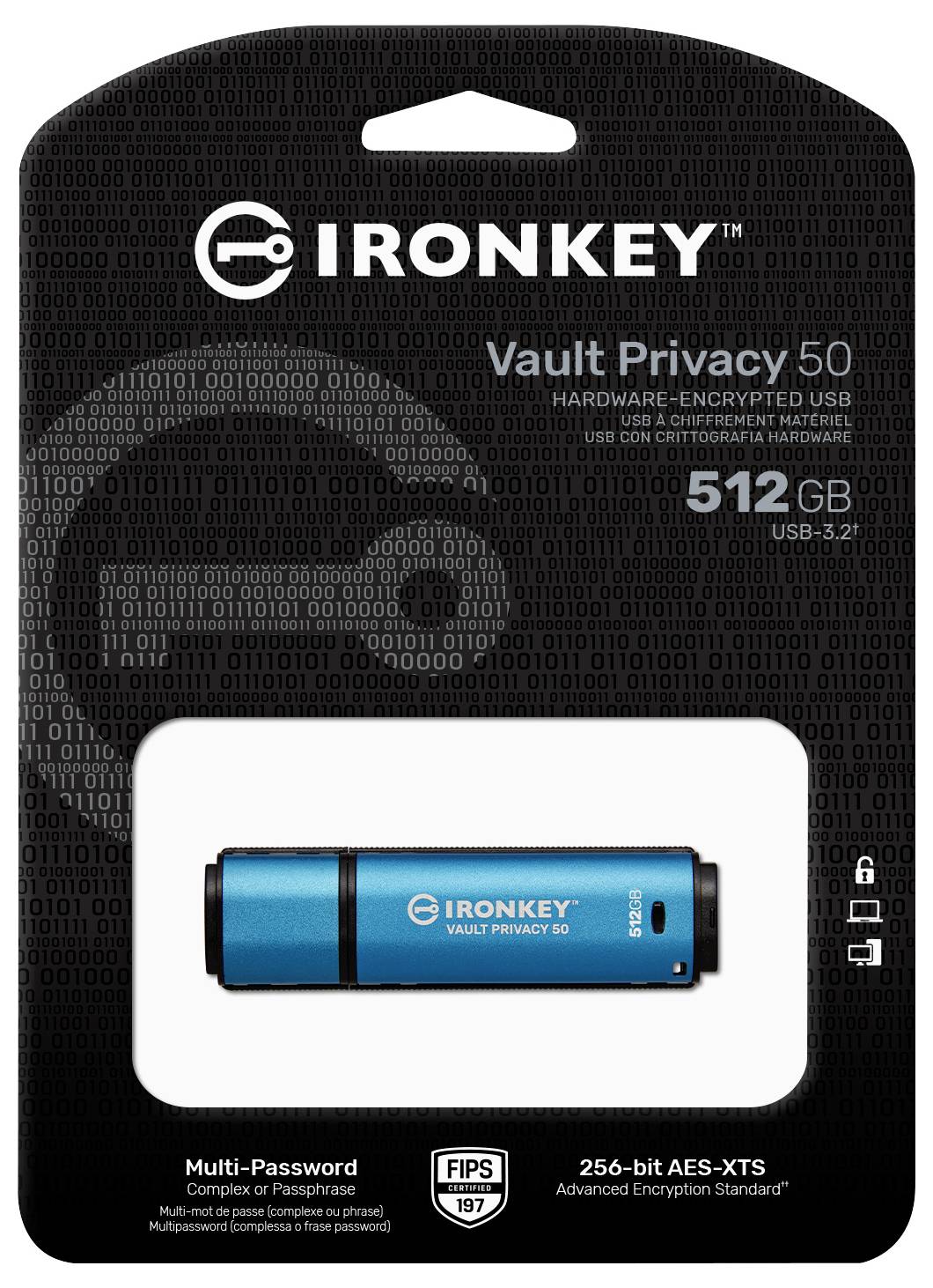'IronKey Vault Privacy 50' Paket mit einem blauen 512-GB-Hardware-verschlüsselten USB-Laufwerk mit FIPS-197-Zertifizierung und Mehrfach-Passwort-Unterstützung.