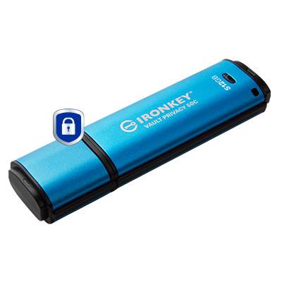 Blauer IronKey USB-Stick mit der Aufschrift "VAULT PRIVACY 80C" und einem Schloss-Symbol, das auf Sicherheitsfunktionen hinweist.