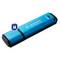 Blauer IronKey USB-Stick mit der Aufschrift "VAULT PRIVACY 80C" und einem Schloss-Symbol, das auf Sicherheitsfunktionen hinweist.