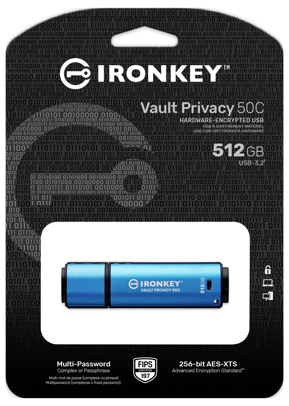 512 GB IronKey Vault Privacy 50C, ein hardwareverschlüsselter USB 3.2-Laufwerk, präsentiert Sicherheitsfunktionen wie Multi-Passwort-Optionen und 256-Bit-AES-XTS-Verschlüsselung.
