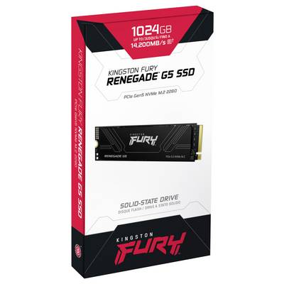 Kingston Fury Renegade G5 SSD Verpackungsbild mit Produktdetails: 1024 GB Kapazität, PCIe Gen5 NVMe M.2 2280, bis zu 14.200 MB/s Geschwindigkeit.