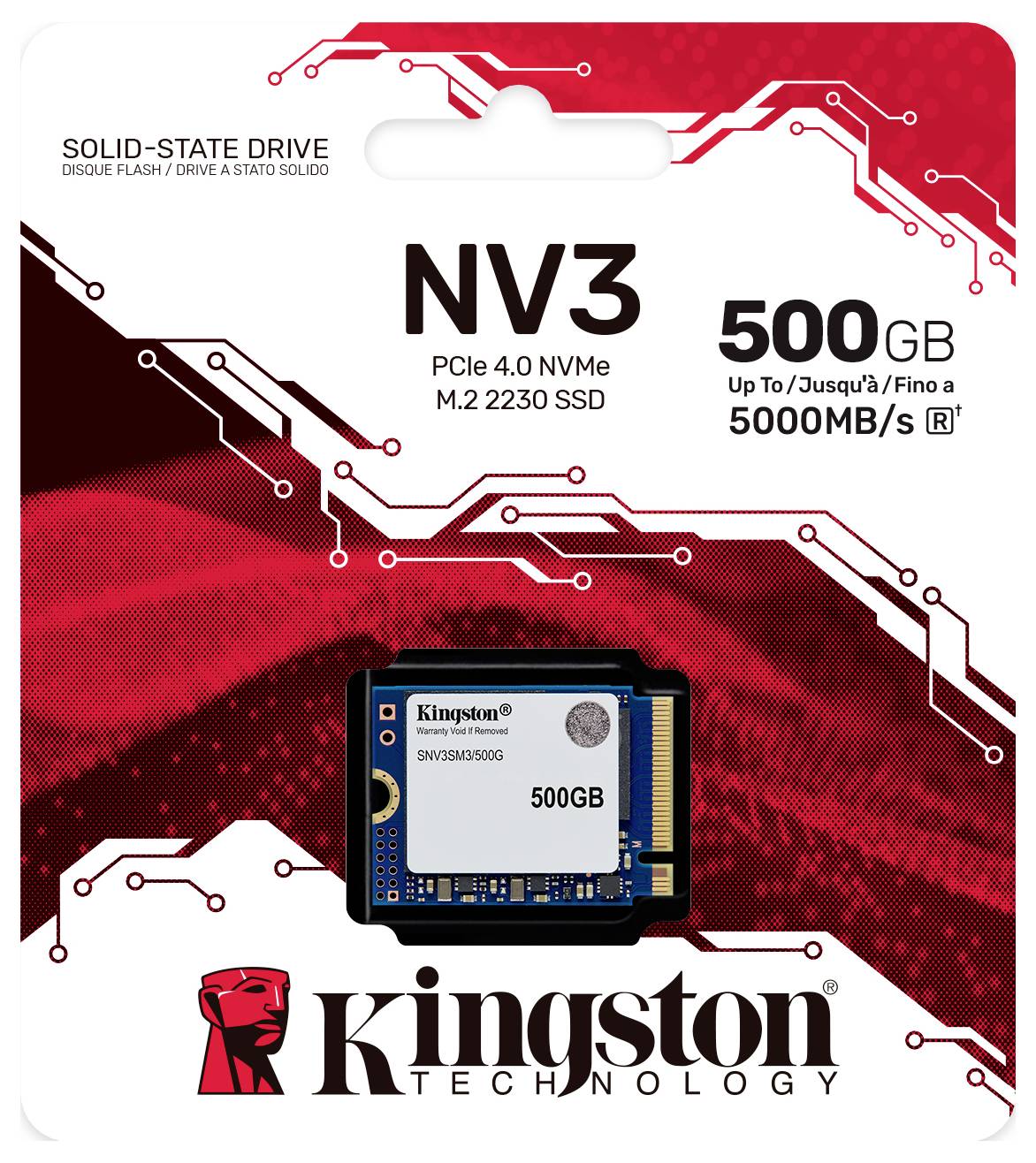 Kingston NV3 500 GB SSD-Verpackung; hebt PCIe 4.0 NVMe, M.2 2230-Format, Geschwindigkeit bis zu 5000 MB/s hervor. Rot-weißes Design.