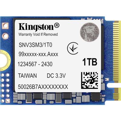 Eine blaue Kingston SSD mit einem Etikett, das eine Kapazität von '1TB' anzeigt, Produktcode 'SNV3SM3/1T0', und einem silbernen Garantiesiegel.