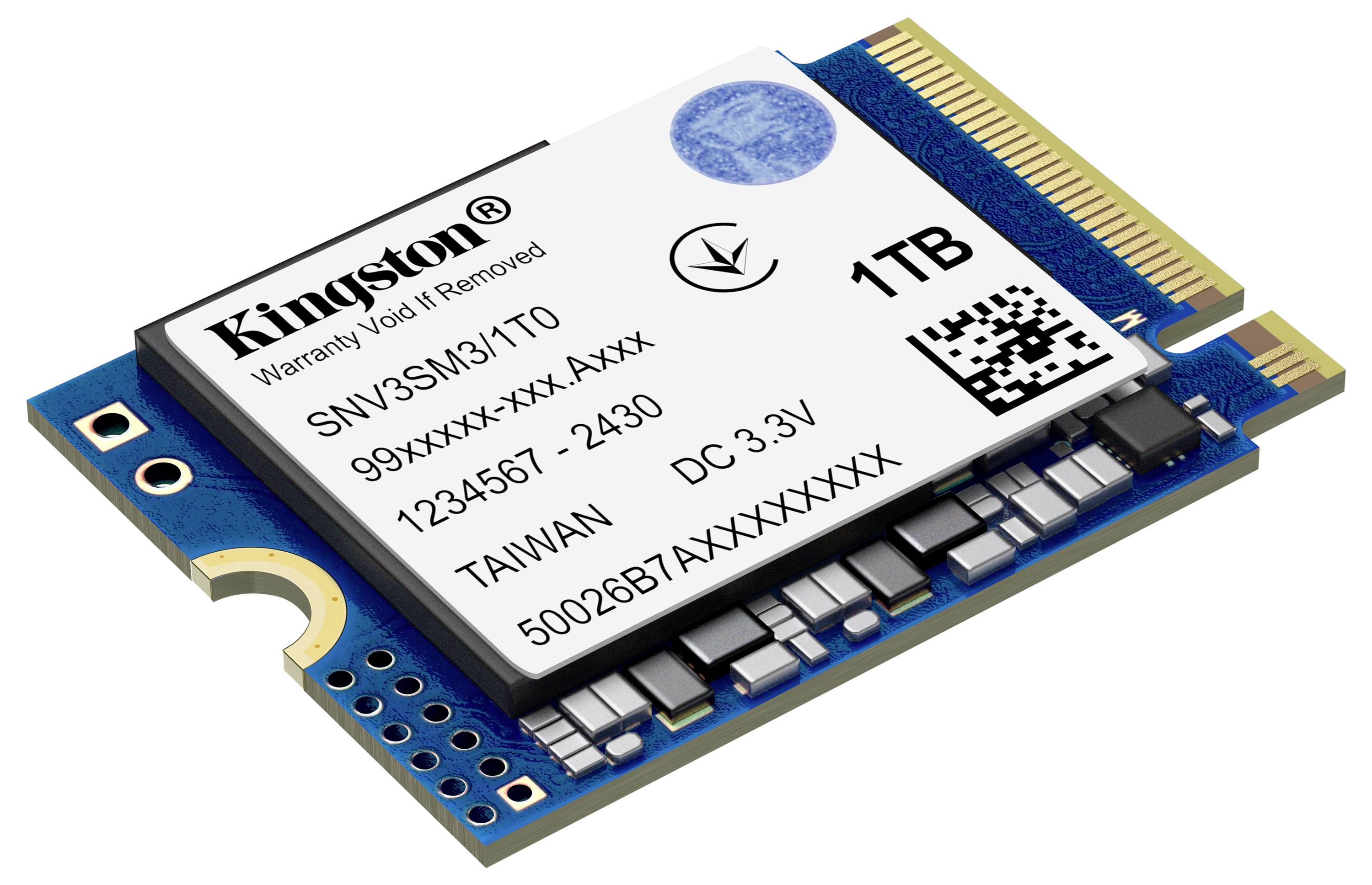 Ein Kingston 1-TB-Solid-State-Laufwerk mit sichtbarem Produktetikett, das das Modell SNV3SM31T0, die Seriennummer, den Ursprung und die Leistungsangabe zeigt.