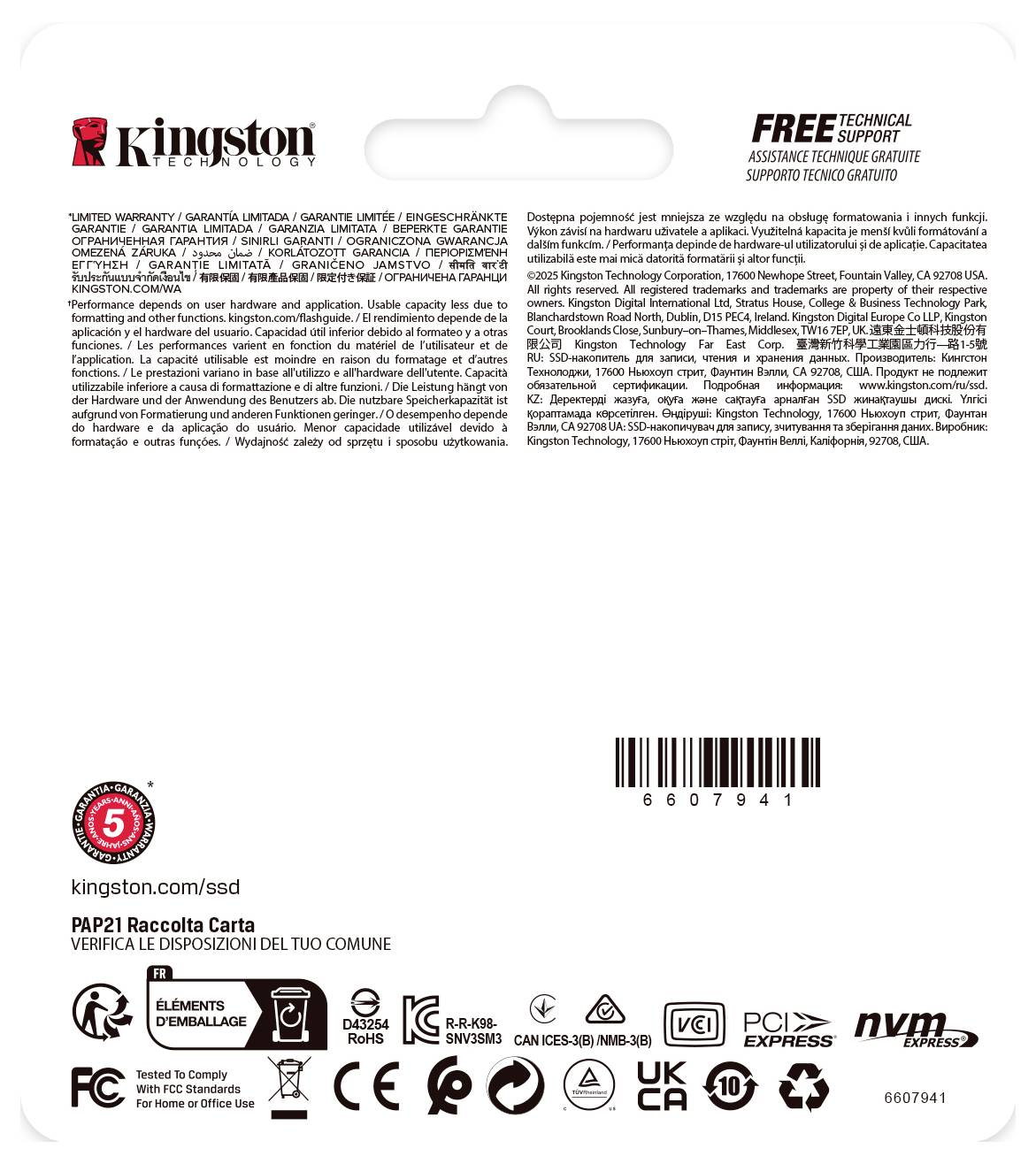 Verpackungsrückseite von 'Kingston Technology' mit technischen Supportinformationen, Garantiedetails, Strichcode und Recyclinganweisungen in mehreren Sprachen.