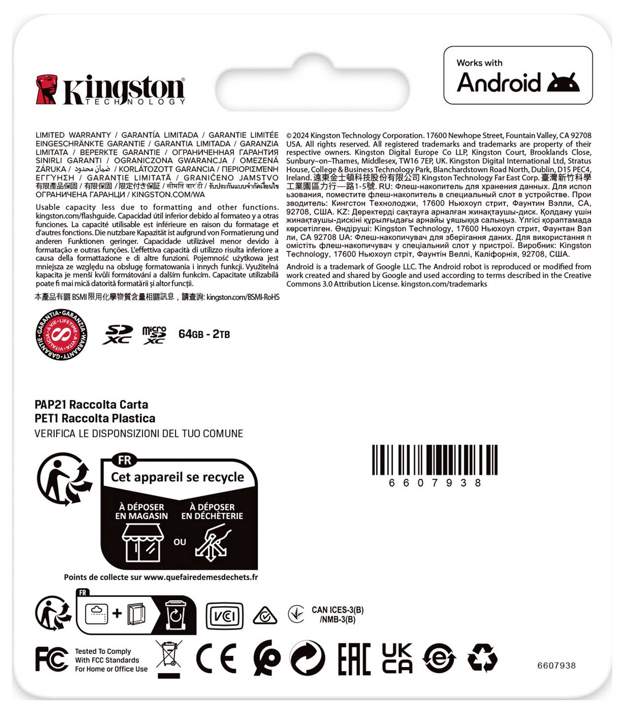"Kingston Technology" Produktverpackung Rückseite für USB-Laufwerke, 64 GB bis 2 TB. Enthält Recycling-Informationen, Kompatibilitätsdetails und Support-Logos.