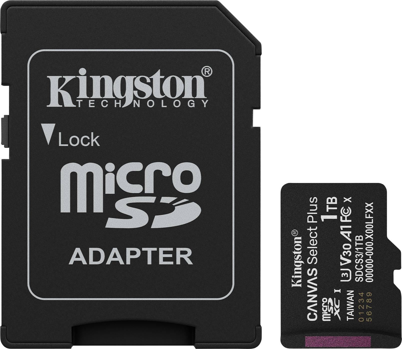 Kingston-microSD-Adapter neben einer Kingston-microSD-Karte, beide mit Kingston-Branding versehen.