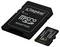 MicroSD-Karte mit der Aufschrift "Kingston Canvas Select Plus" neben einem entsprechenden Adapter, der Marke und Speicherkompatibilität zeigt.