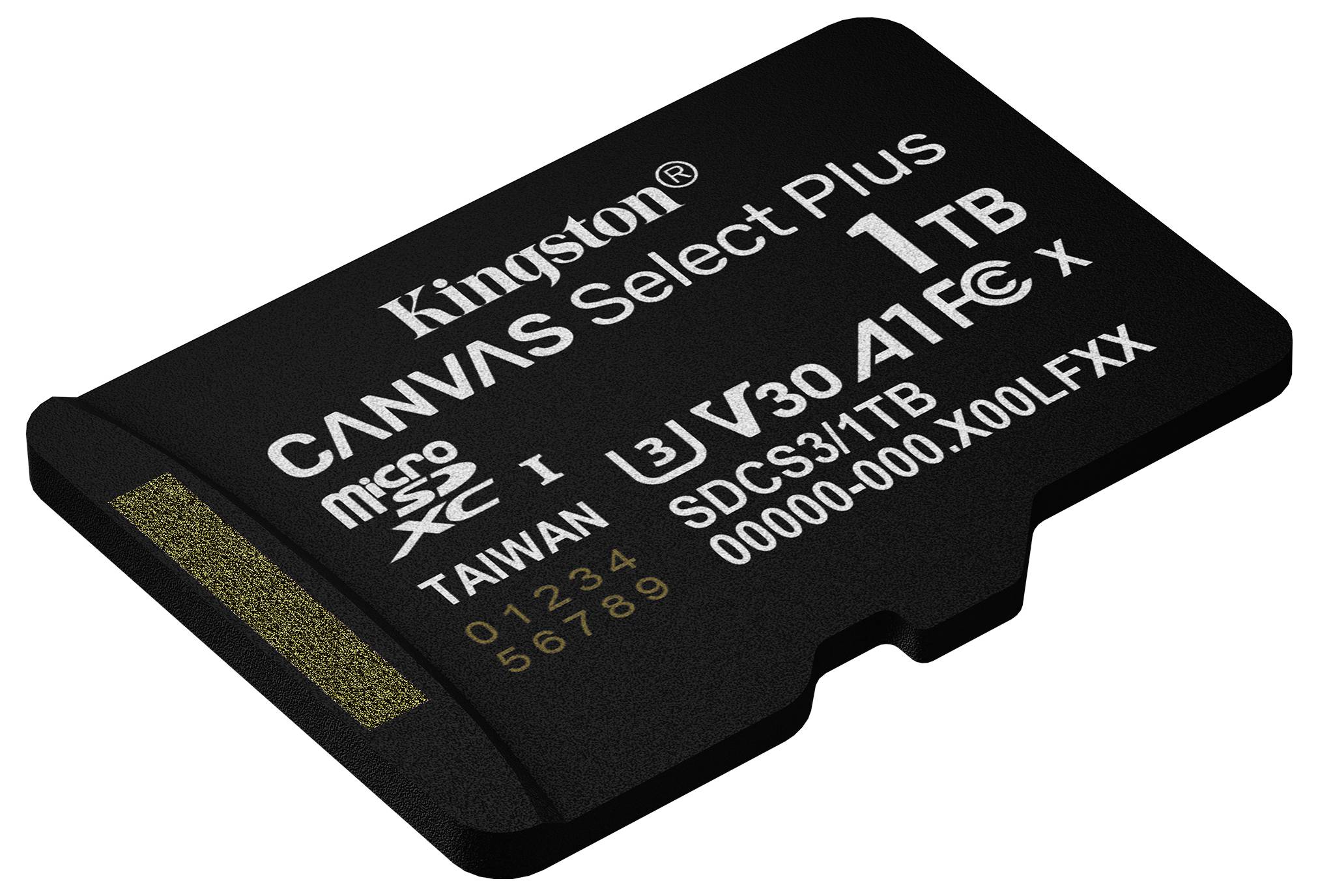 Eine schwarze Kingston Canvas Select Plus microSD-Karte mit 1 TB Kapazität, ausgestattet mit A1-, V30-, UHS-I- und Klasse-10-Spezifikationen.
