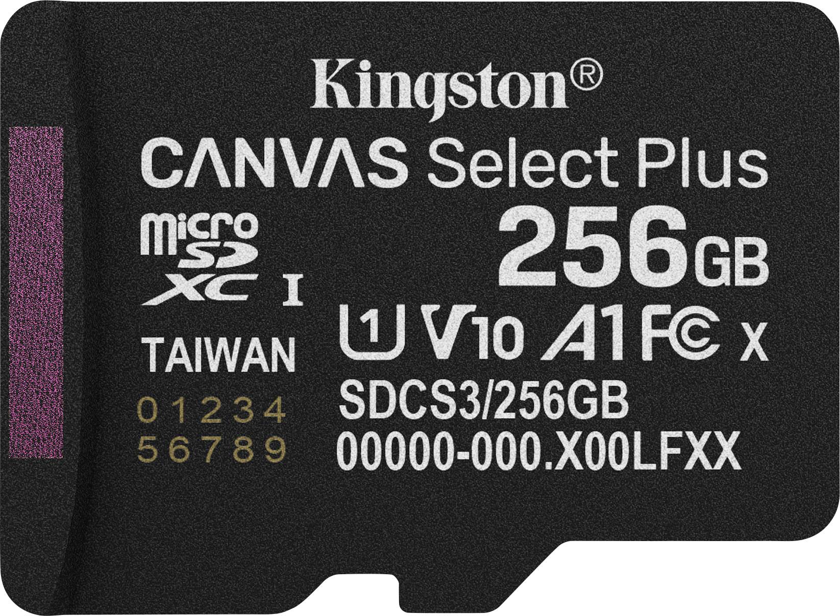 Kingston 256GB microSDXC Canvas Select Plus Karte, ausgestattet mit UHS-I, Klasse 10, A1-Geschwindigkeit und bewertet für hohe Leistung und Zuverlässigkeit.