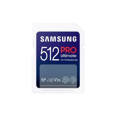 Samsung 512 PRO Ultimate SD-Speicherkarte im weißen Kunststoffgehäuse, mit der Bezeichnung „Für Profis" mit Lesegeschwindigkeit 200 MB/s und Schreibgeschwindigkeit 130 MB/s.