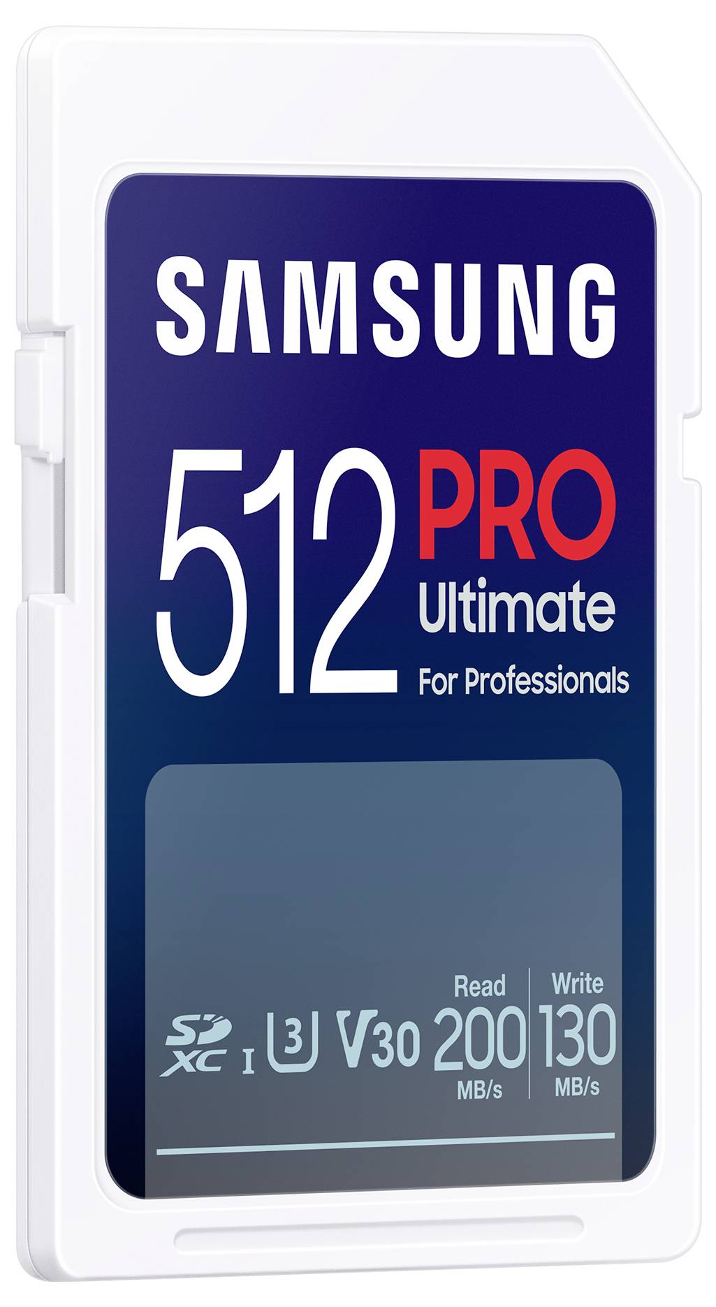 Samsung 512GB PRO Ultimate SD-Karte Verpackung, gekennzeichnet mit „Für Profis" mit Lese-/Schreibgeschwindigkeiten bis zu 200/130 MB/s.