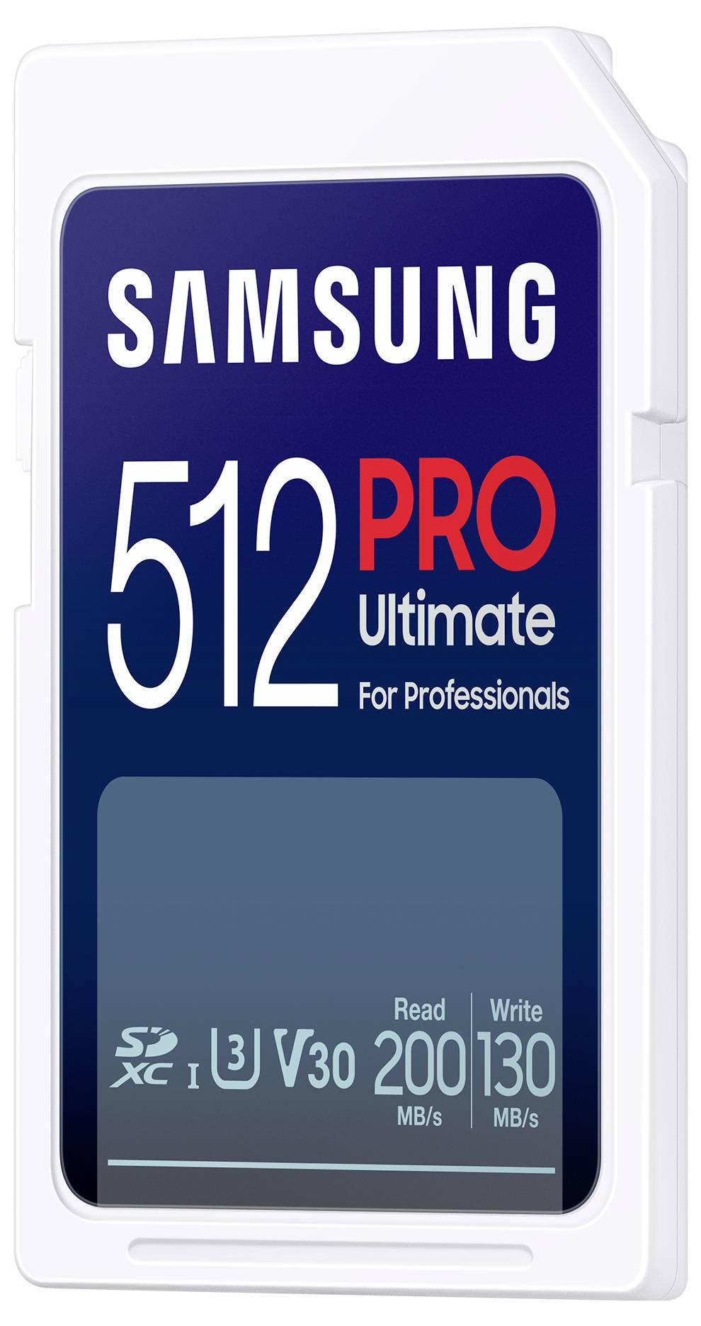 Samsung 512GB PRO Ultimate SD-Speicherkarte, gekennzeichnet für Profis mit Lesegeschwindigkeit 200 MB/s und Schreibgeschwindigkeit 130 MB/s.