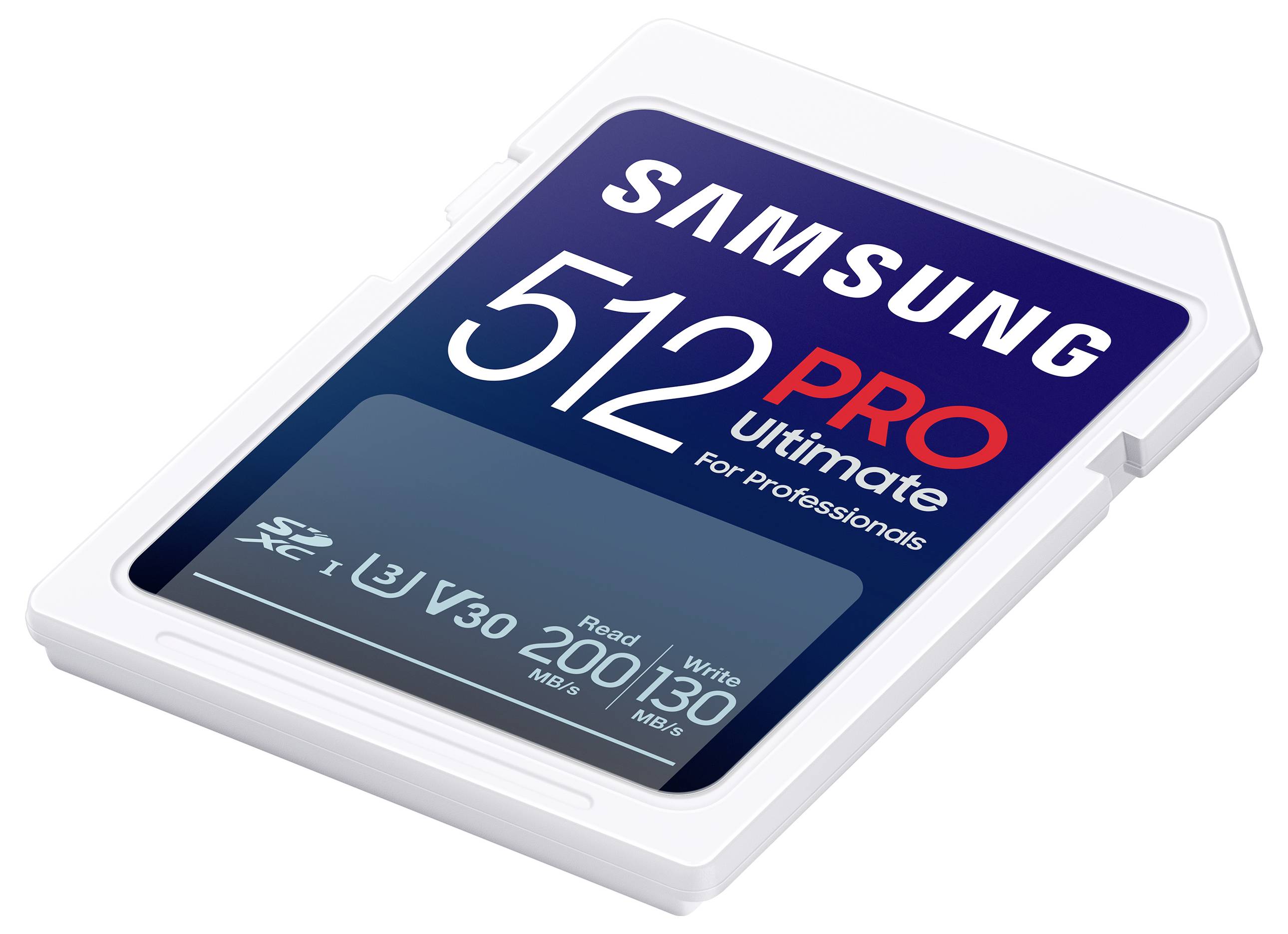 Samsung 512 PRO Ultimate Speicherkarte in einem weißen SD-Kartengehäuse, gekennzeichnet für Profis mit 200 MB/s Lese- und 130 MB/s Schreibgeschwindigkeiten.