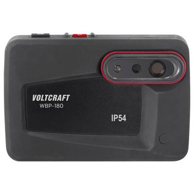 Eine schwarze VOLTCRAFT WBP-180 Kamera mit IP54-Schutzklasse, ausgestattet mit einer Linse und einem Sensor, die in einem rot umrandeten Bereich an der Vorderseite untergebracht sind.