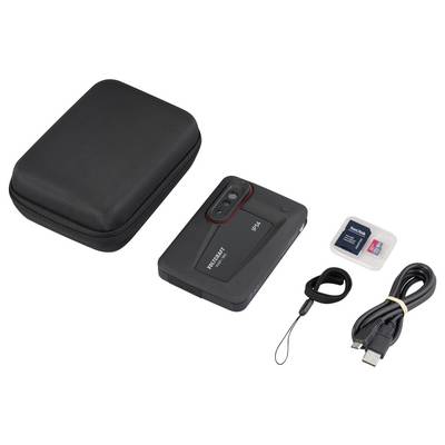 Ein tragbarer externer Festplattenspeicher mit einem schwarzen Gehäuse, Datenkabel, Lanyard und Speicherkarte.