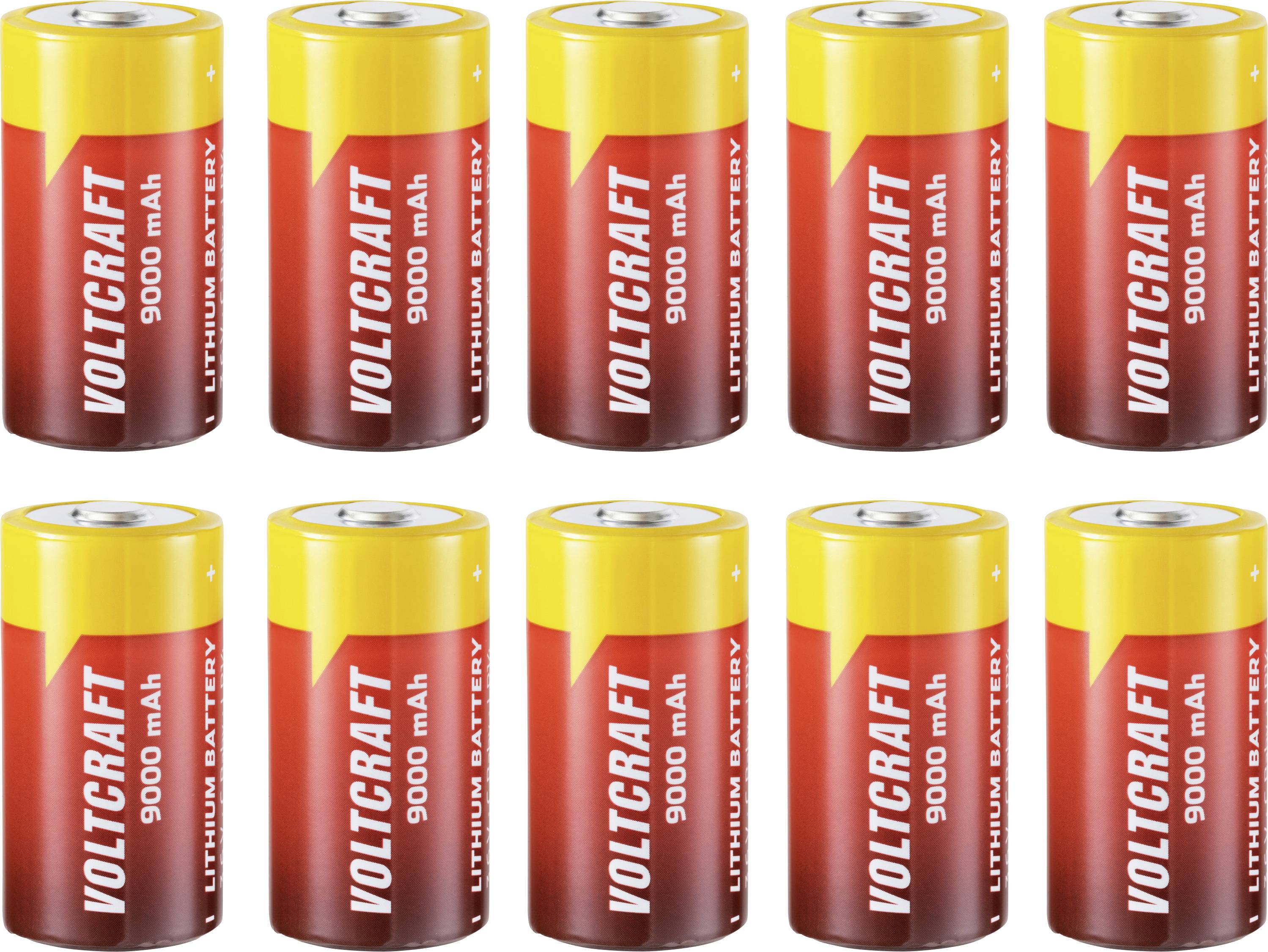 Zehn Voltcraft 9000 mAh Lithiumbatterien in zwei Reihen zu je fünf auf weißem Hintergrund angeordnet.