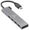 Ein USB-C-Hub mit vier HDMI-Anschlüssen und einem kurzen Verbindungskabel, auf dessen Oberfläche 'renkforce' beschriftet ist.