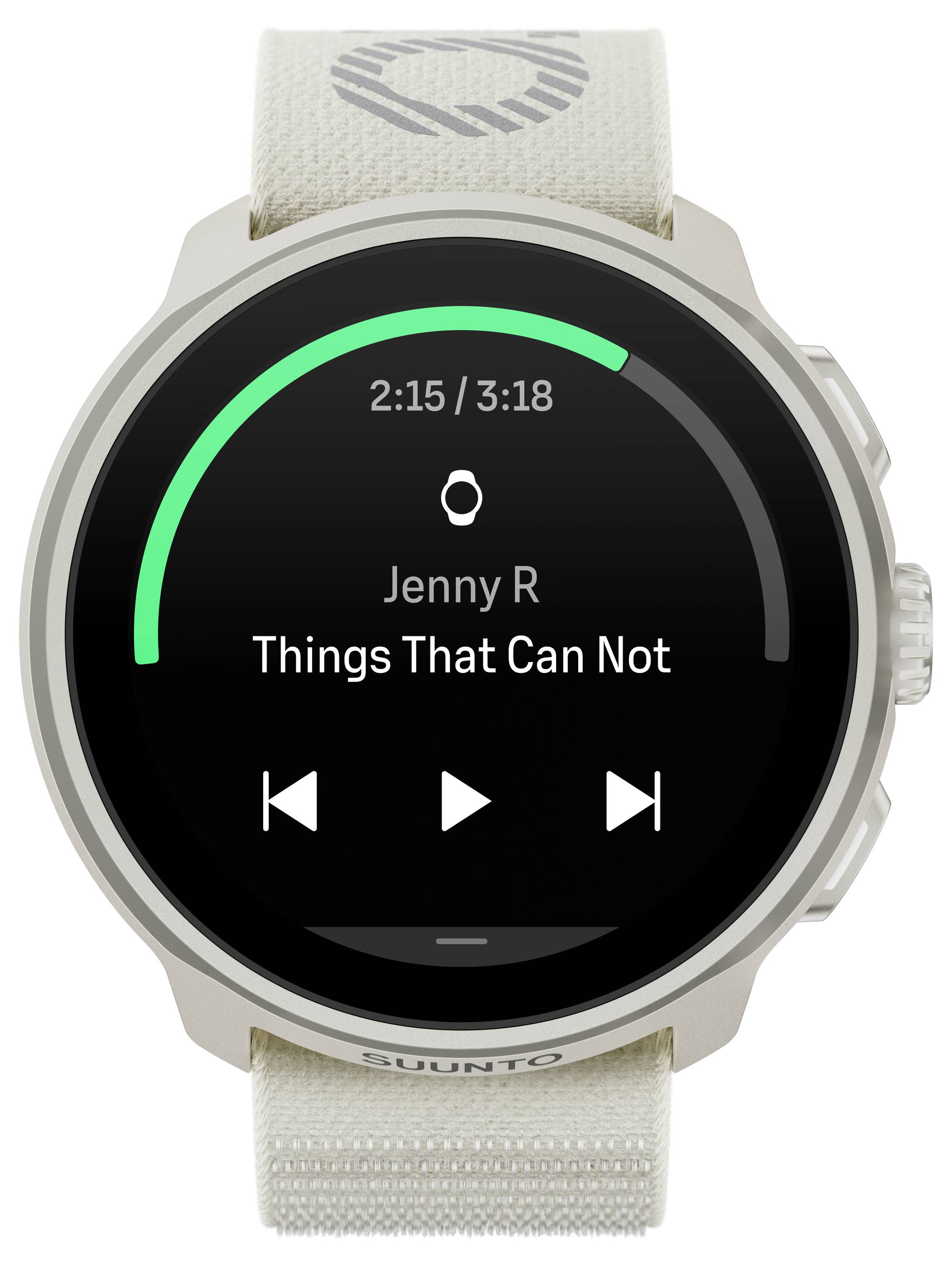 Eine Smartwatch zeigt eine Musikplayer-Oberfläche mit dem Song ‚Things That Can Not' von ‚Jenny R', der aktuell bei 2:15 von 3:18 läuft.