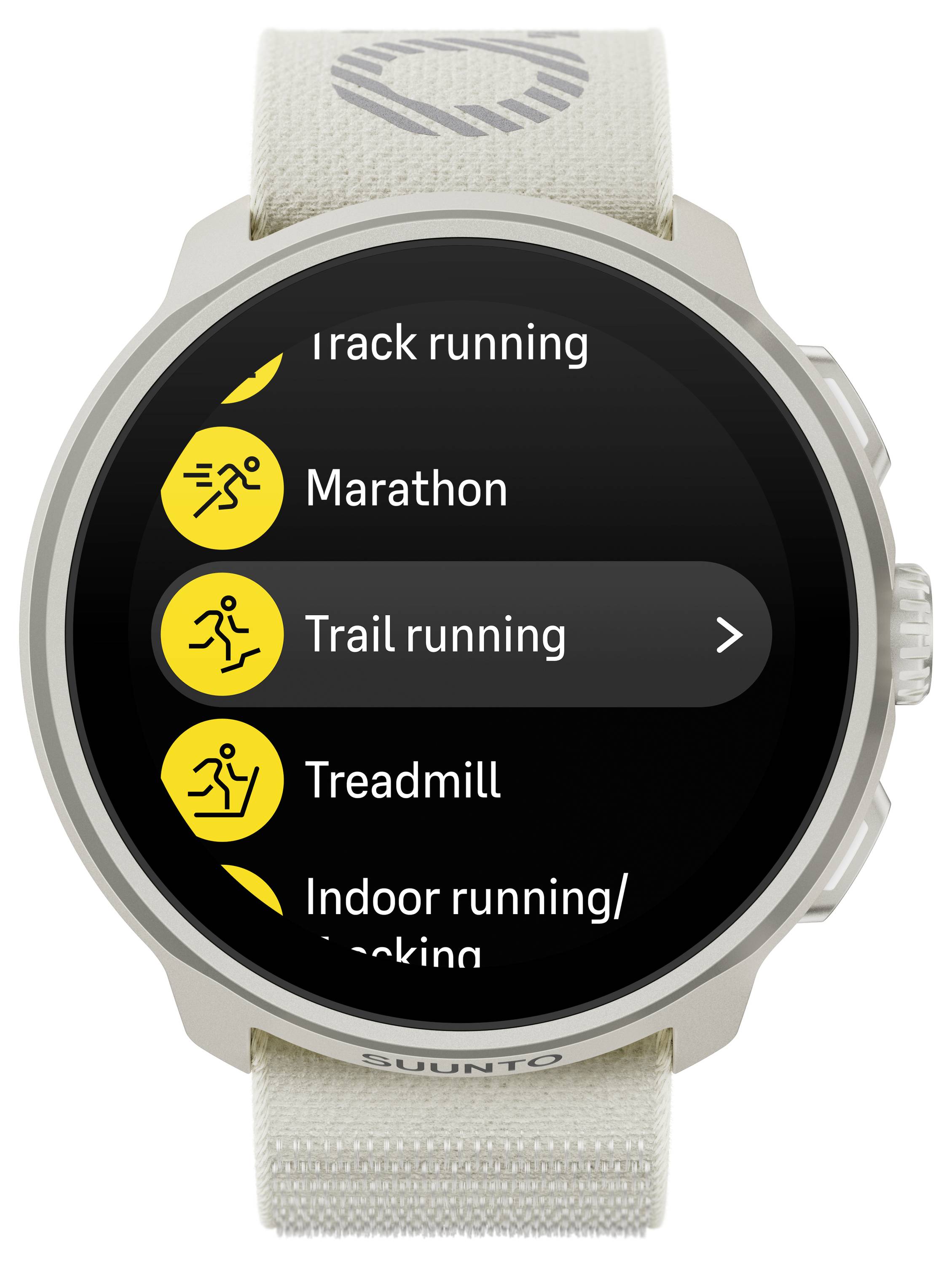 Smartwatch zeigt ein Menü mit Fitnessaktivitäten: Lauftracking, Marathon, Trailrunning (hervorgehoben), Laufband, Indoor-Laufen.